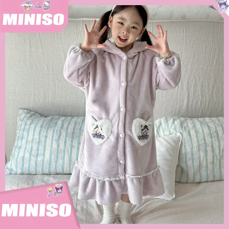 Sanrio New Girl Autumn Cartoon Kuromi Elsa Flannel Home Clothes Sleeping Skirt Warm and Cute Girl Sleeping Skirt Christmas Gift