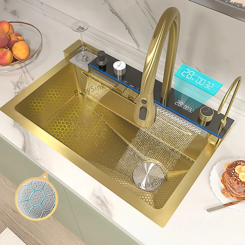 Gloden Stainless Steel Waterfall Kitchen Sink with Faucet Digital Display Multifunctional Large Single Slot Dishwashing Basins