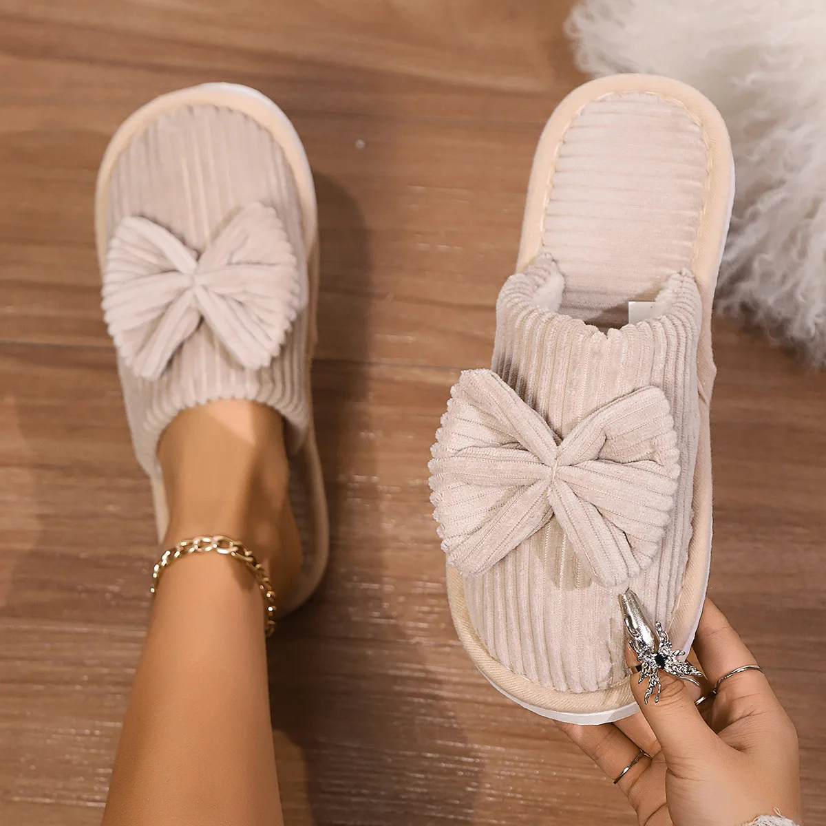 Fashion Women Bow Slippers Fall/Winter Indoor Bedroom Floor Lightweight and Comfortable Soft Warm Slippers for Home Zapatos