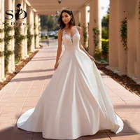 SoDigne Boho Satin Aline Wedding Dresses 2023 Sexy V Nack Lace Blackless Bride Dress Custom Made Sleeveless Bridal Gowns 1