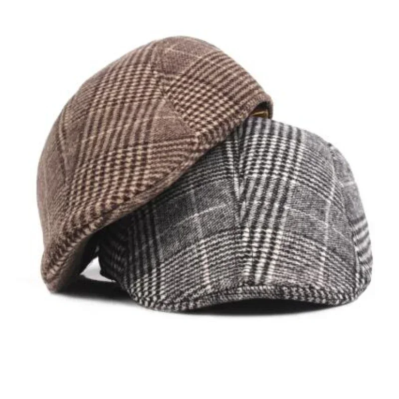 Beret Hat Newsboy Cap Newsboy Hat Woolen Beret Men Women Cotton Plaid Berets Caps Middle-Aged Autumn Winter Hats Boina Herringbone Baker Boy Hat Tweed Flat Cap