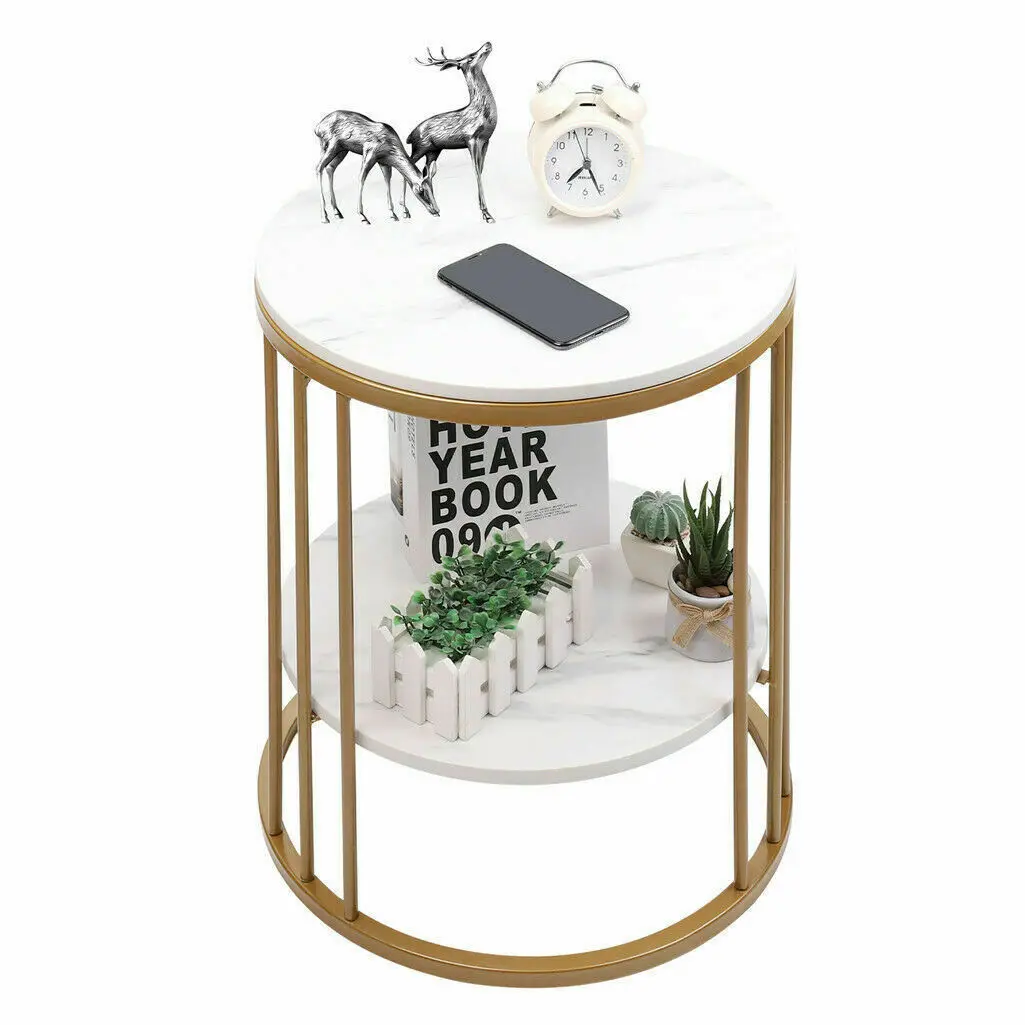 2-Tier White Marble Side Table Round Coffee Table Nightstand Jewellery Storage — view 6