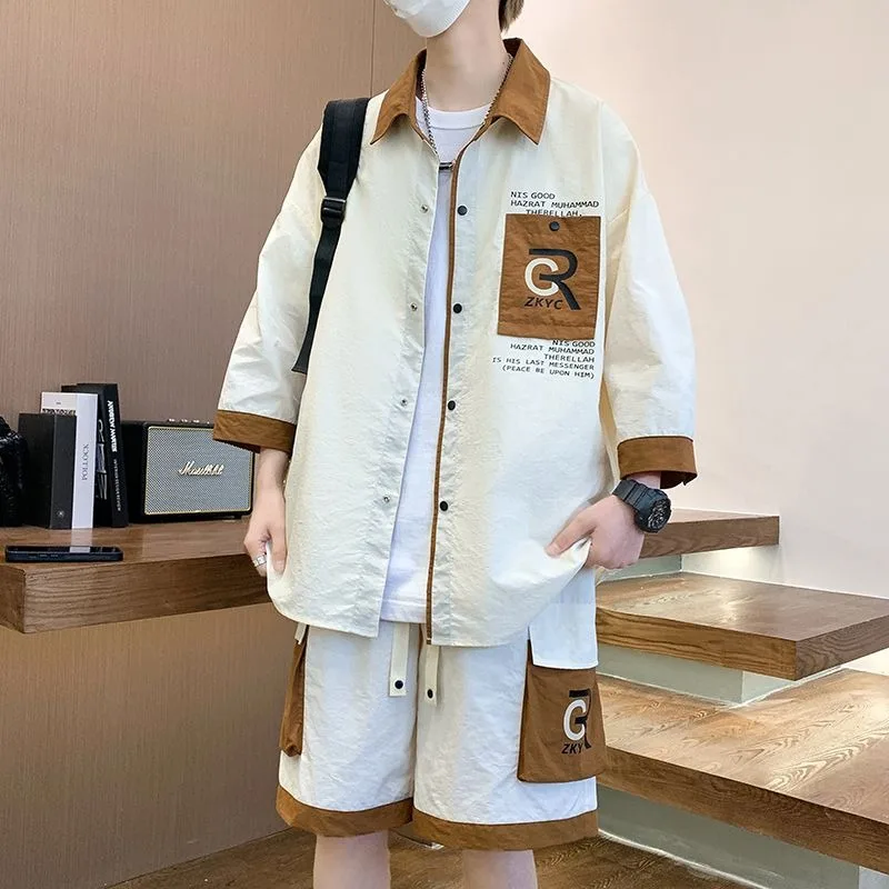 

Small Fragrance Short Sleeve Summer Trendy Hong Kong Style Casual Loose Handsome Men's Five-quarter Sleeve Shirt and Shorts Set