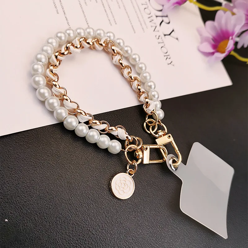 Pearl & Leather Hand-Woven Mobile Wrist Lanyard with Flower Pendant