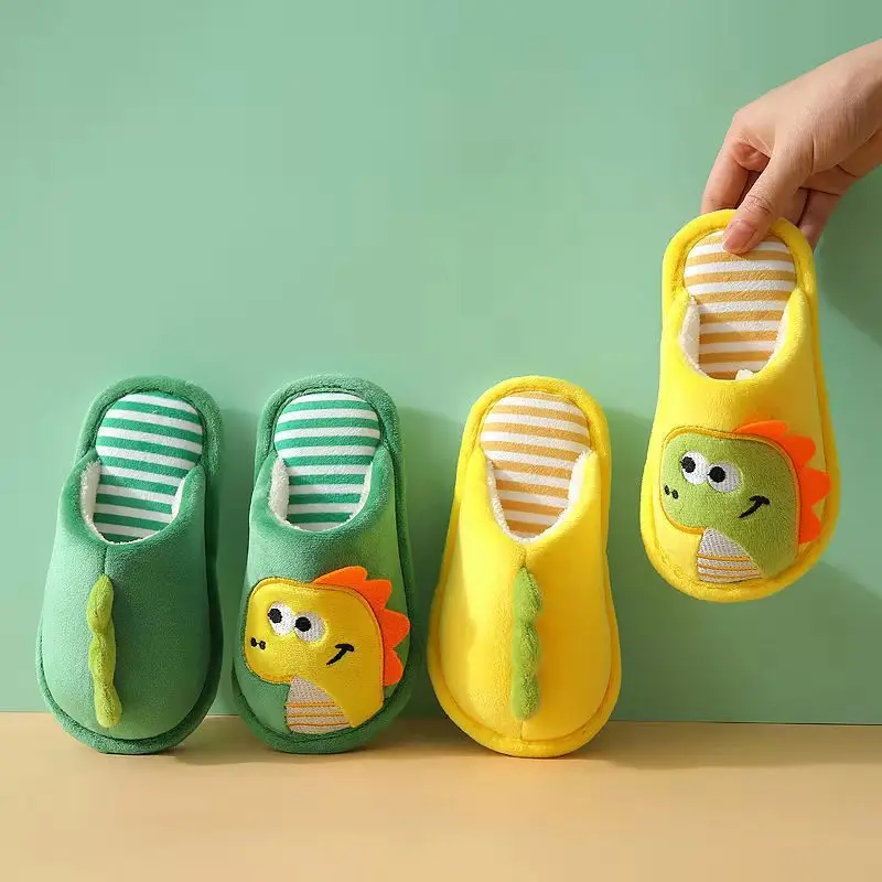 Cartoon Dinosaur Autumn Winter Fluffy Slippers Baby Cotton Non-Slip Warm Thick Children Slippers Home Indoor Slip-On Furry Shoes autumn winter non slip warm children slippers indoor cartoon dinosaur girl shoes soft sole baby boys fuzzy slip on home slippers