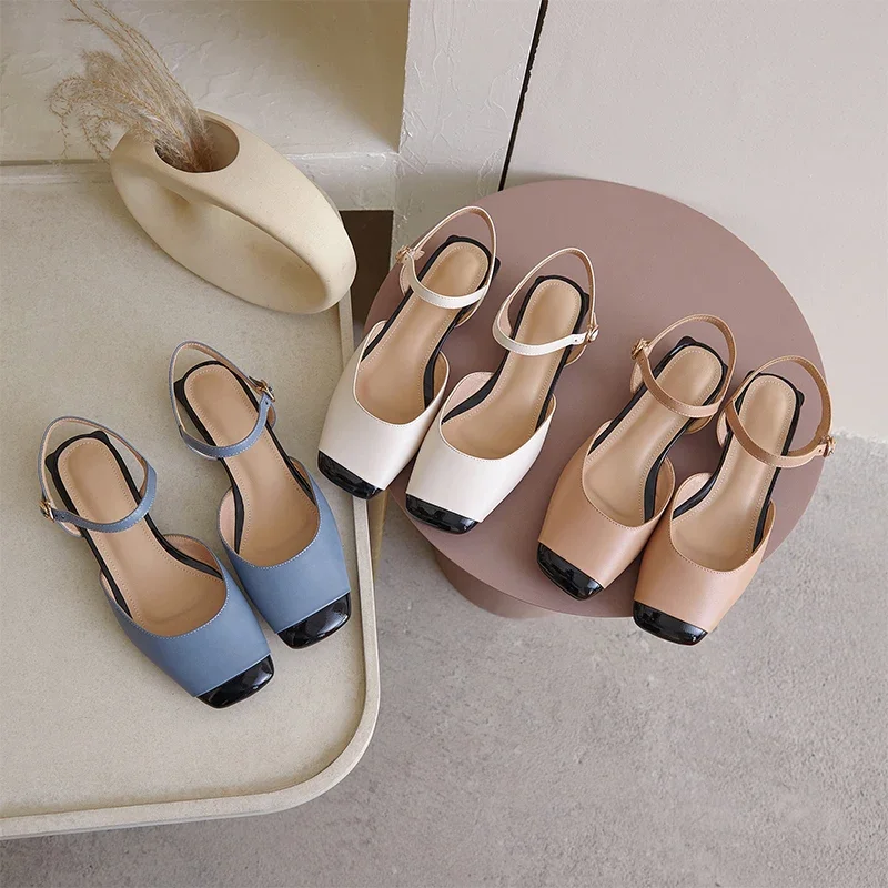Slingback 2CM Heels Pumps Shoes Woman 2024 Elegant Close Toe Black Blue Nude Heeled Office Wedding Shoes Ladies Sandals