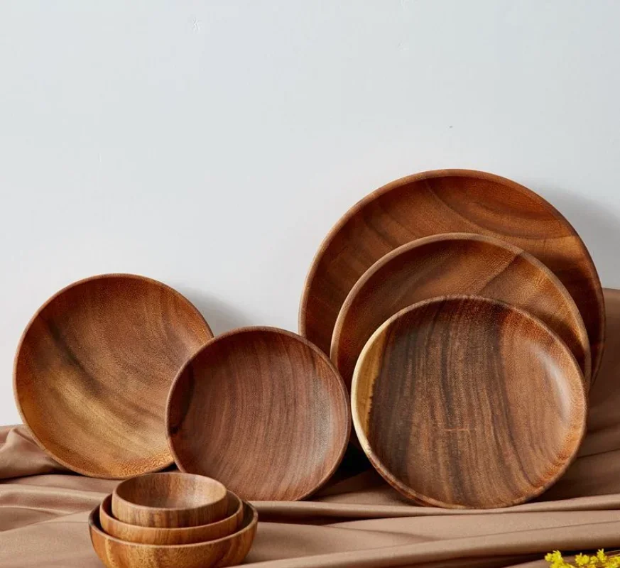 1pc Kitchen Round Wooden Dried Fruit Tray Snack Plate Handcraft Food Dish Tray Walnut Wood Tableware Japanese Kitchen Cake Stand