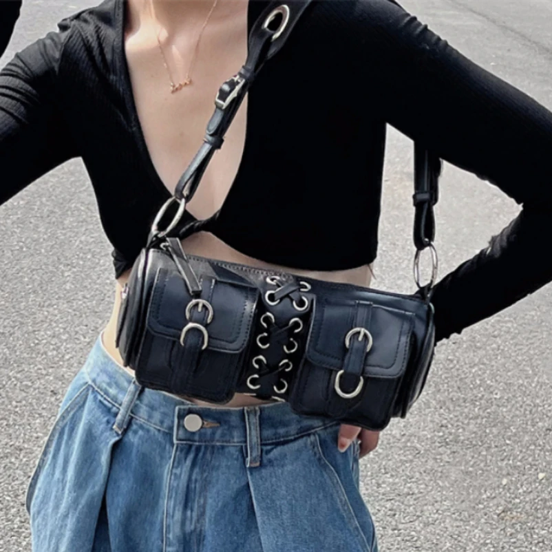 

Vintage Black Women Cylinder Underarm Bags Double Pocket Design Ladies Shoulder Bag Fashion Female PU Leather Purse Handbags