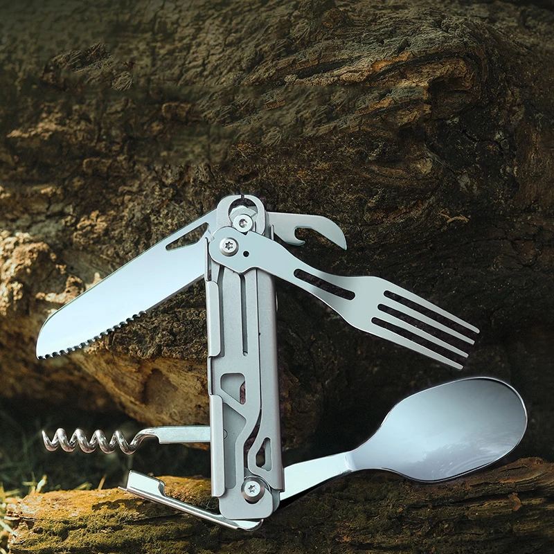 Portable Folding Camping Cutlery Multi-function Tableware Stainless Steel Knife Fork Spoon Bottle Opener Outdoor Equipment Gift
