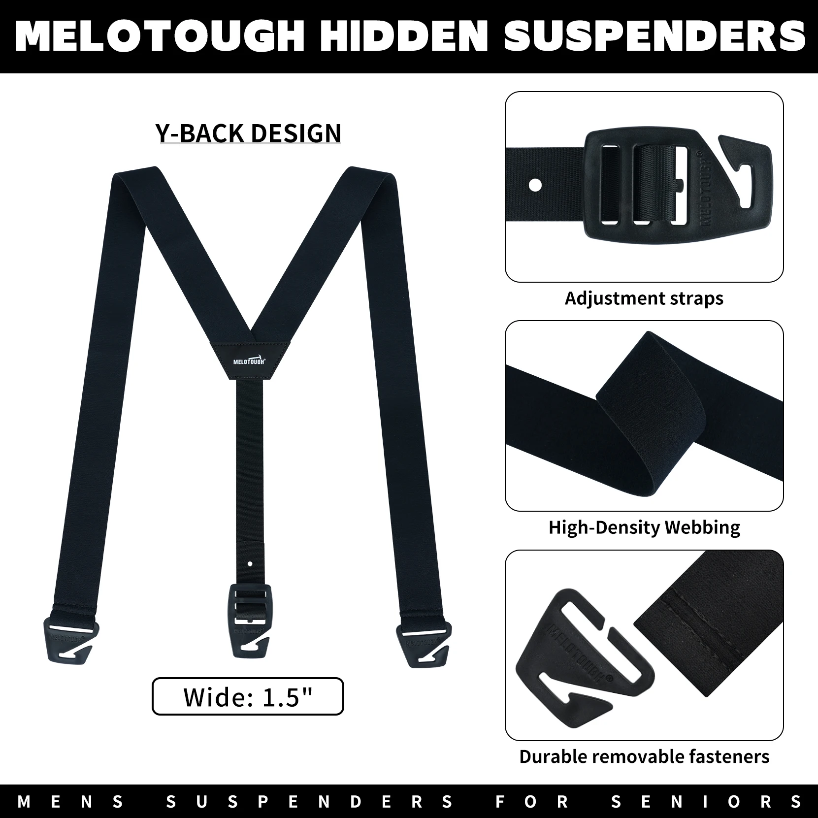 Bretelles cachées pour hommes sous vêtements, bretelles pour hommes de 1,5 pouces, sans métal, respectueuses de l'aéroport, dos en Y élastique