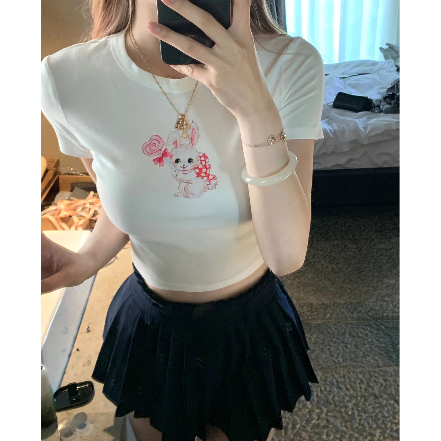 

Cute White Crop Top T-Shirt Female Cotton Short Sleeve Rabbit T-Shirt for Women Summer High Waist Slim Short Sport Femme T-Shirt