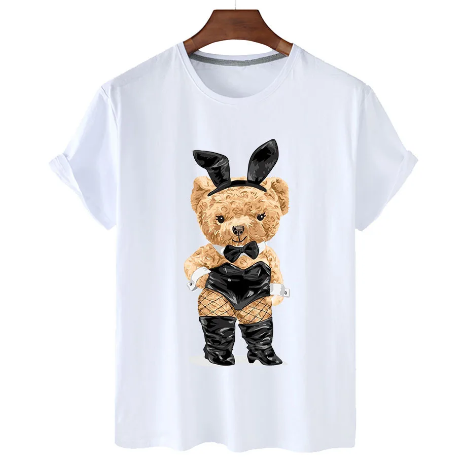 

100% Cotton Black Silk Bear T Shirt 2022 Summer T Shirt Women Short Sleeve O Neck T Shirt Unisex Plus Oversized Women T Shirt