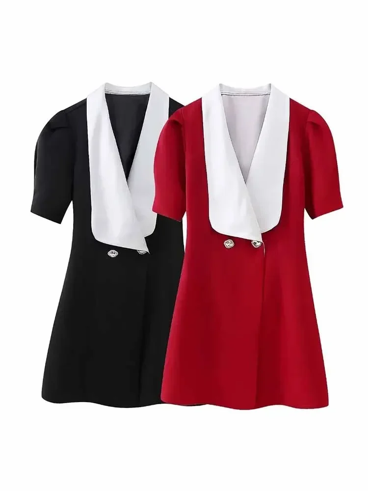 

Women New Chic Fashion Suit style Bow decoration Slim Double Breasted Mini Dress Vintage Short Sleeve Female Dresses robe Mujer