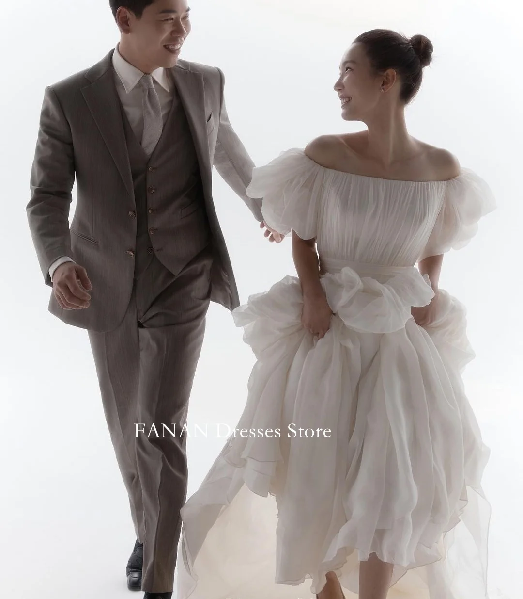 

FANAN Off Shoulder Korea Ivory Ruched Wedding Dresses 웨딩드레스 Puff Sleeves Chiffon Custom Made Pretty Bride Gowns Plus Size