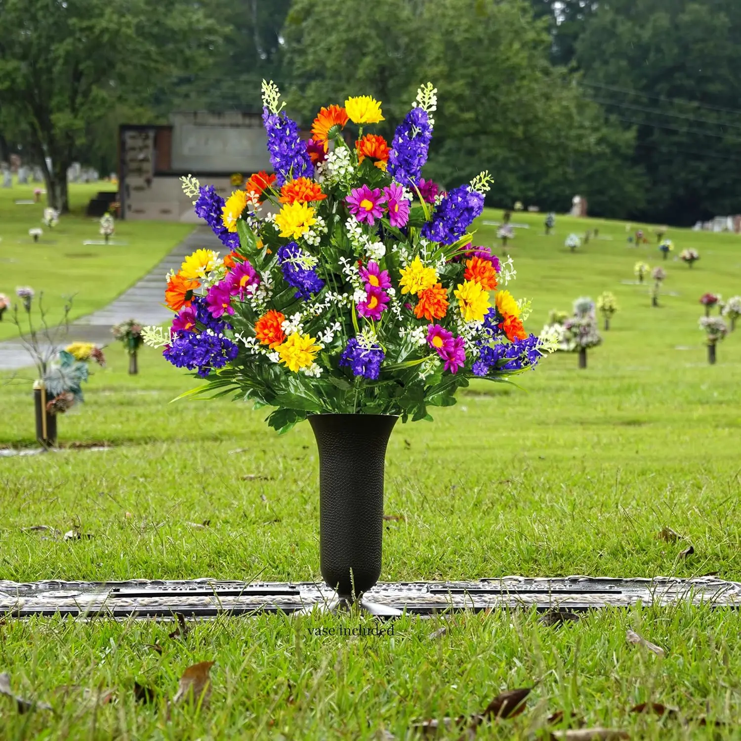 Artificial Cemetery Flowers &ndash; Realistic Wildflower Outdoor Grave Decorations-Purple Violet Wildflower Bouquet with Cemetery