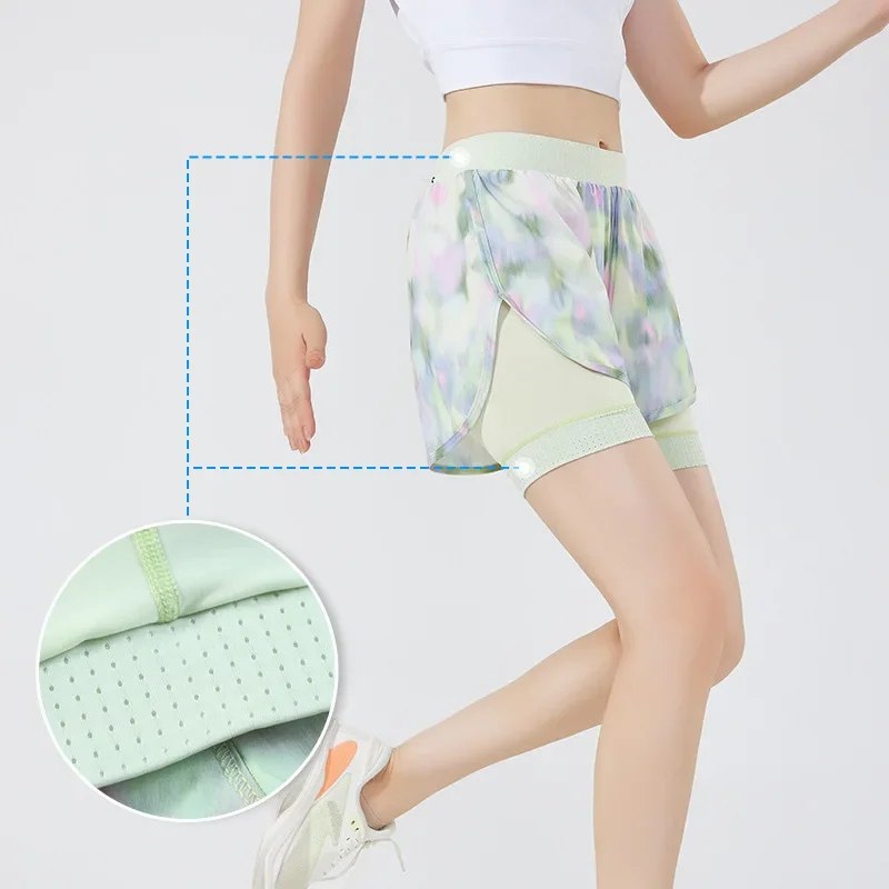 New Colorful Print Summer Women's Sports Cool Feeling Yoga High Waist Shorts Fake Two-Piece Running Shorts Breathable Comfortabl
