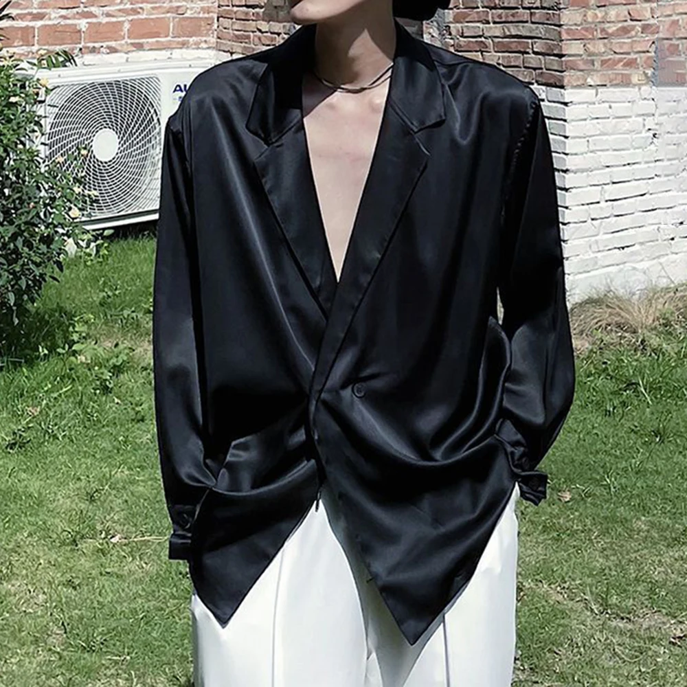 Men's Black Satin Luxury Formal Dress Shirts French Silk Smooth Men Deep V Shirt Blazer Collar Top Party Prom Casual Wear Homme