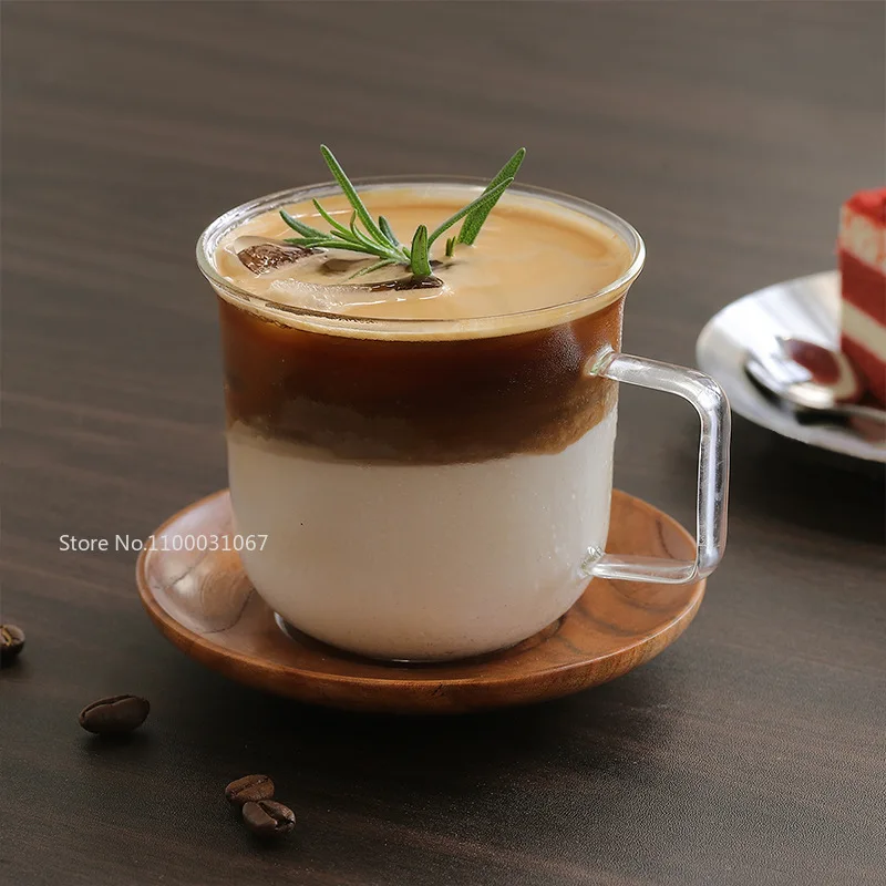 Simple Round Flare Cup with Handle Heatable Glass Cup Commercial Heat-resistant Chubby Latte Coffee s Drinkware