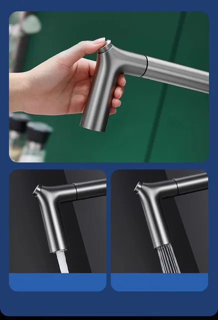 Brushed Gold ดึงออกก๊อกน้ําห้องครัวแตะทองเหลือง Crane สําหรับห้องครัวติดตั้งสีดําอ่างล้างจานก๊อกน้ําก๊อกน้ําห้องครัวสีเทา 5