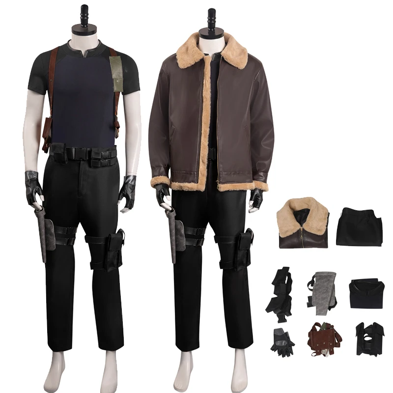 

Resident 4 Leon S Kennedy Cosplay Costume Biohazard Jacket Coat Pants PU Leather Jacket Full Set Halloween Carnival Suit For Men