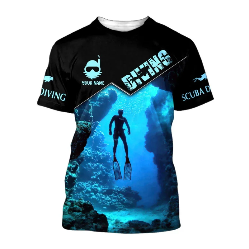T-Shirt Uomo Immersione Subacquea - Manica Corta - 100% Cotone - Disegno Maschera E Aprile Con Scritta Dive