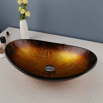 ZAPPO ห้องน้ําอ่างล้างจานอ่างล้างจานพร้อมก๊อกน้ํารูปเรืออ่างล้างจานห้องน้ําด้านบนเคาน์เตอร์, อ่างล้างจานกระจกนิรภัยแบบศิลปะ 2