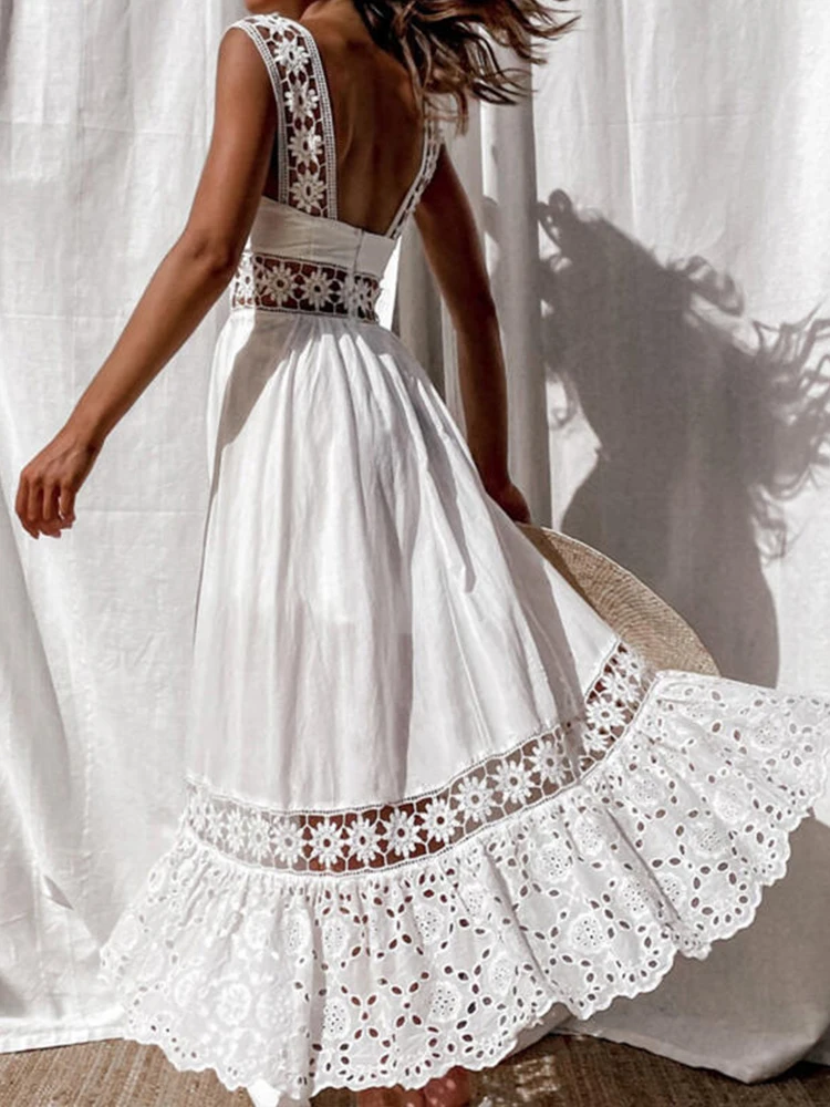 Backless Cotton Dress Elegante Moda Casual Hollow Out Big Swing Beach Sundress