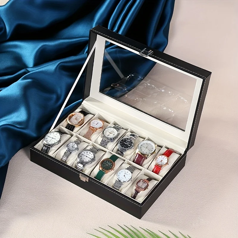 Luxury Black Faux Leather Watch Box with Glass Top, Velvet Lined, Lockable Flip Top, Rectangular Display Case for 12 Watches