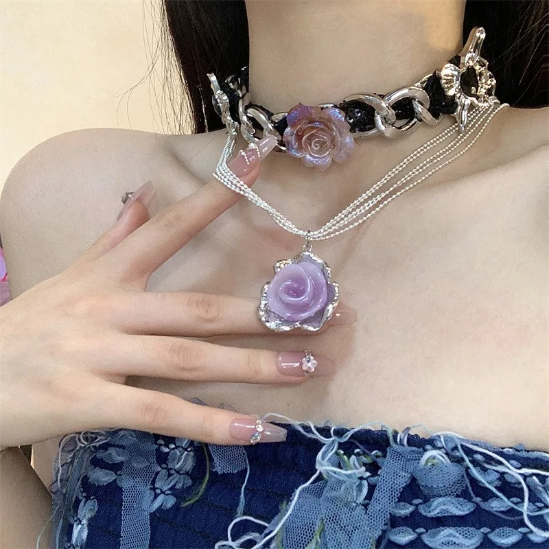 Y2K Purple Crystal Flower Pendant Necklace For Women Stainless Steel Punk Choker Clavicle Chain Aesthetic Necklace Jewelry Gift