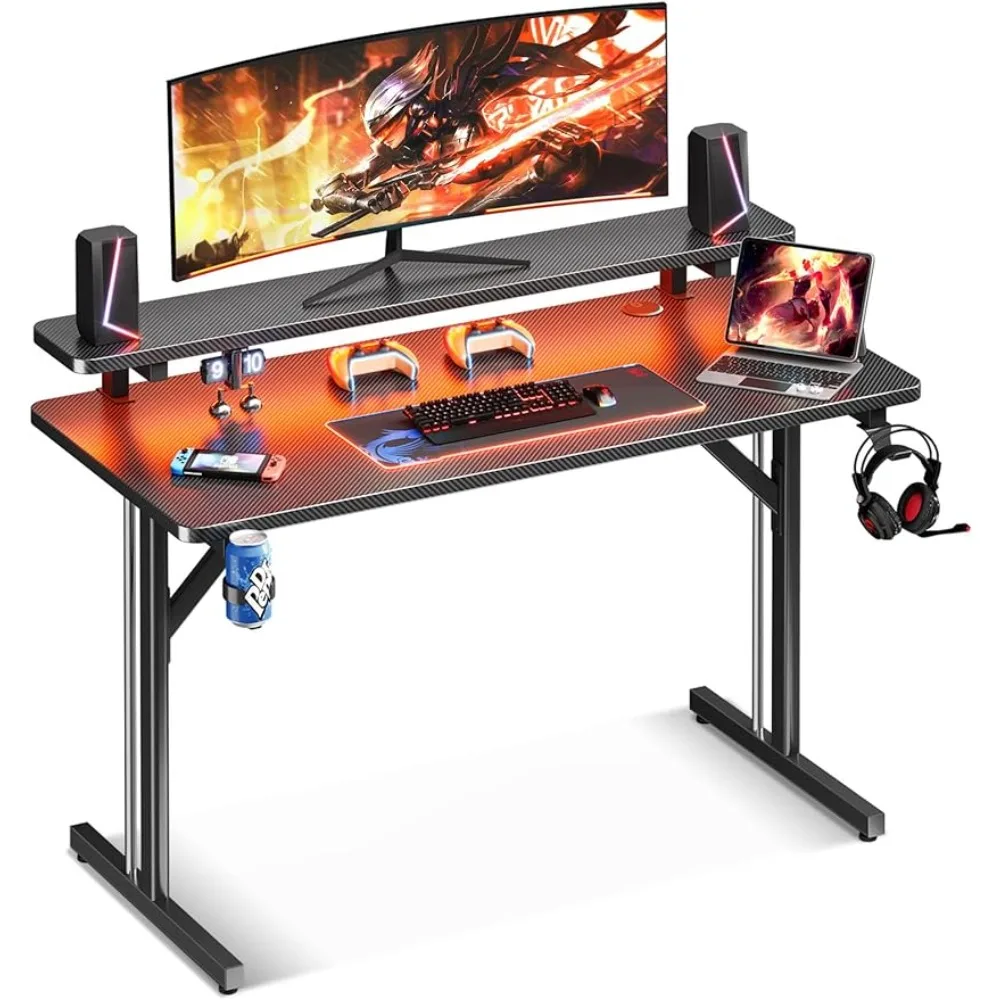 

Small Gaming Desk with LED Lights, Computer Gaming Table with Monitor Shelf, PC Gaming Desk Gamer Desk with Carbon