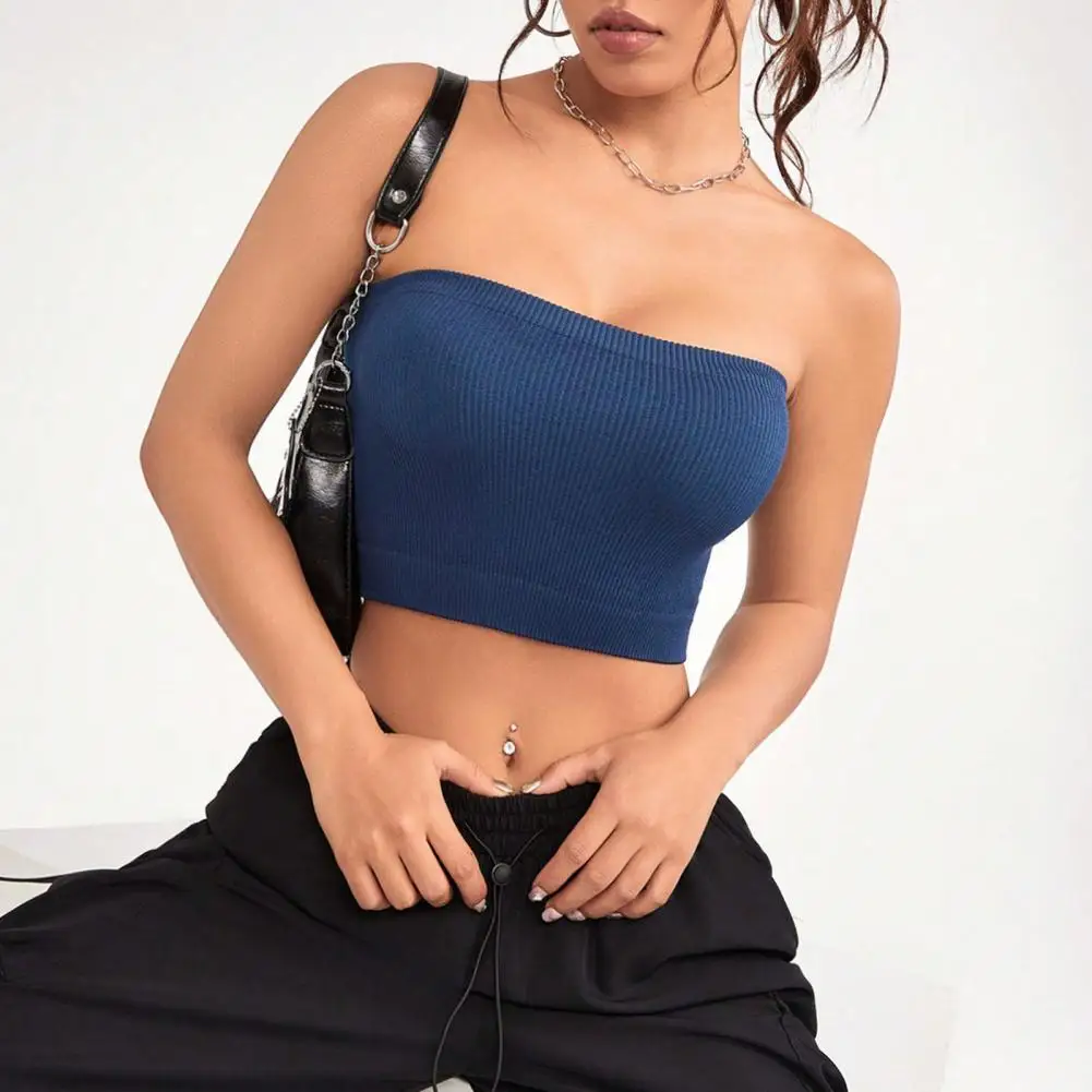 Women Ribbed Vest High Elasticity Anti-slip Bandeau Strapless Solid Color Dressy Tank Top Women Casual Strapless Tank Top