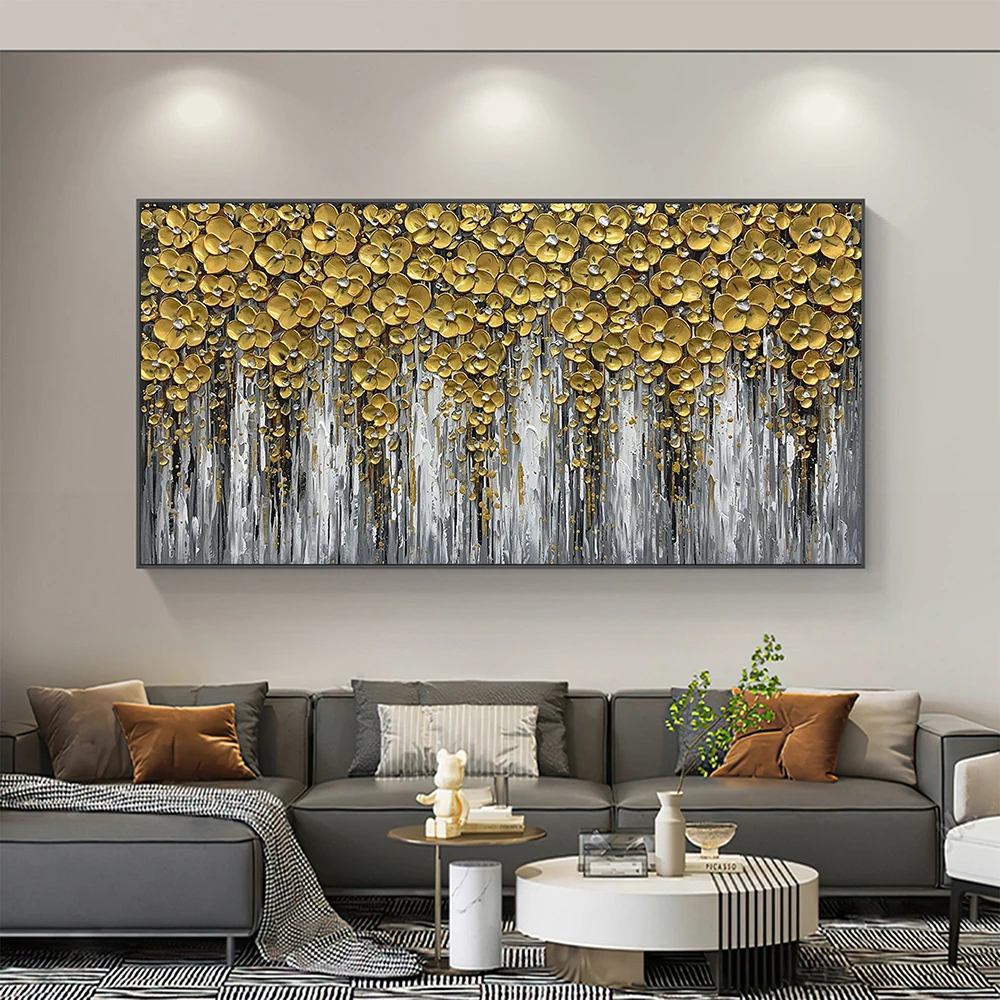 

Hand Painted Oil Painting Abstract Flower Landscape Oil Painting Large Original Gold Floral Living Room Wall Art Home Decor