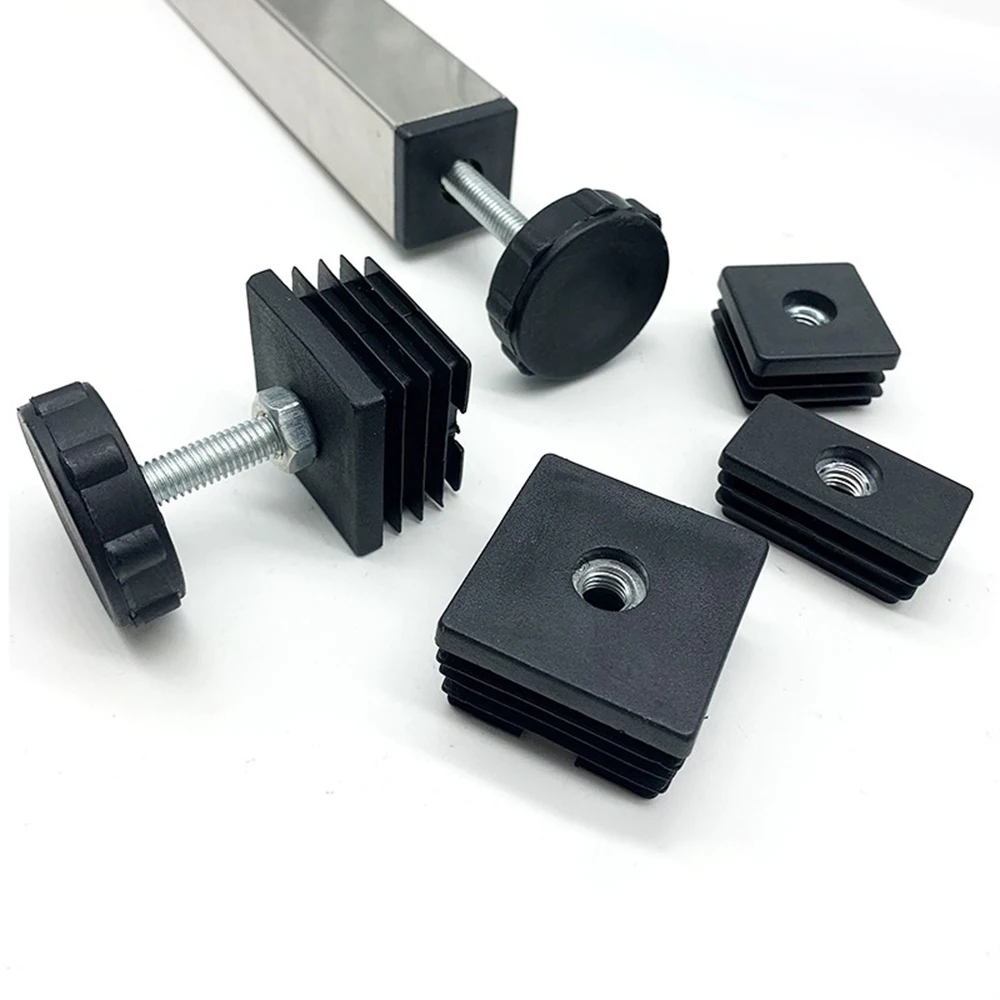 4Pcs Square Adjustable Foot Mat With M8 Nut Pipe Plug Black Rectangle Tube Furniture Leveling Feet Levelers For Table Chair Legs table foot pad