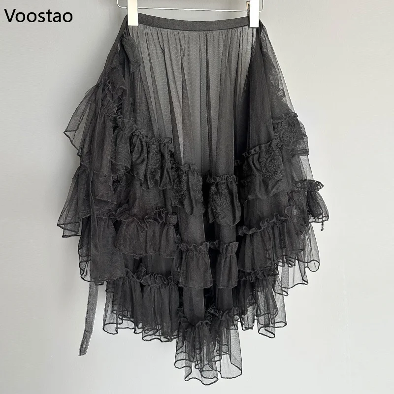 Sweet Lolita Style Double Layer Lace Asymmetrical Ruffles Skirts Women Summer Mesh Cute Curtain Sheer Cover Up Thin Long Skirt