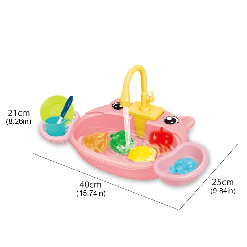 Plastic Kids Kitchen Sink Playset with Electric Faucet and Water Cycle