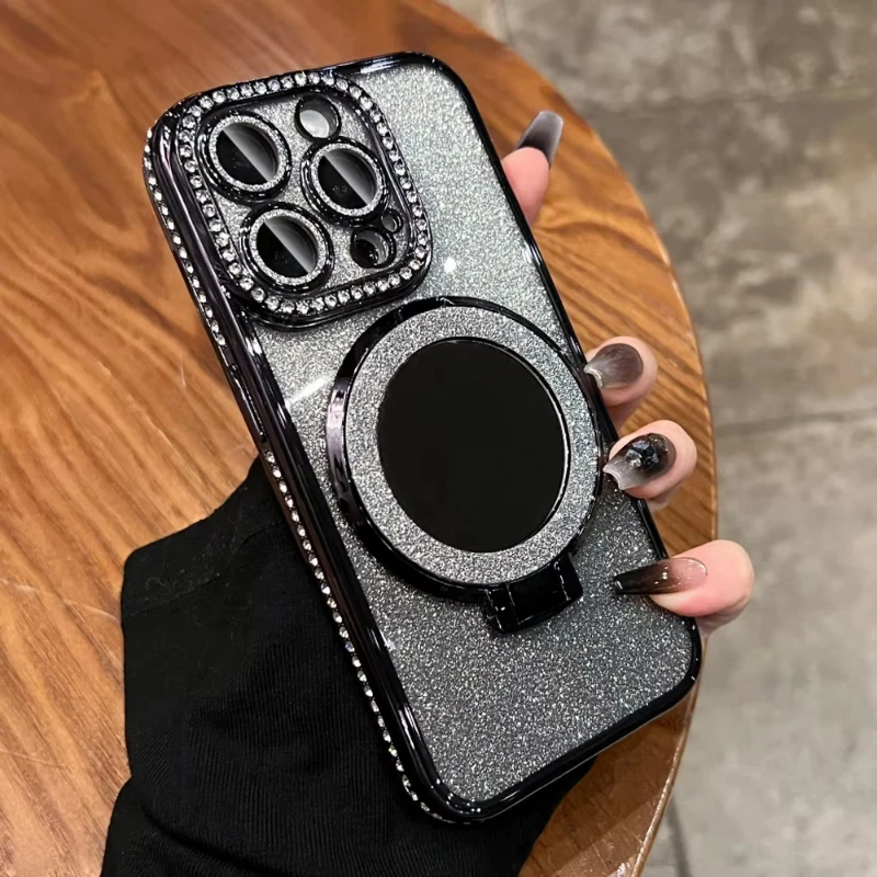 Luxury Diamond Clear Glitter Phone Case with Mirror and Magnetic Holder Stand
