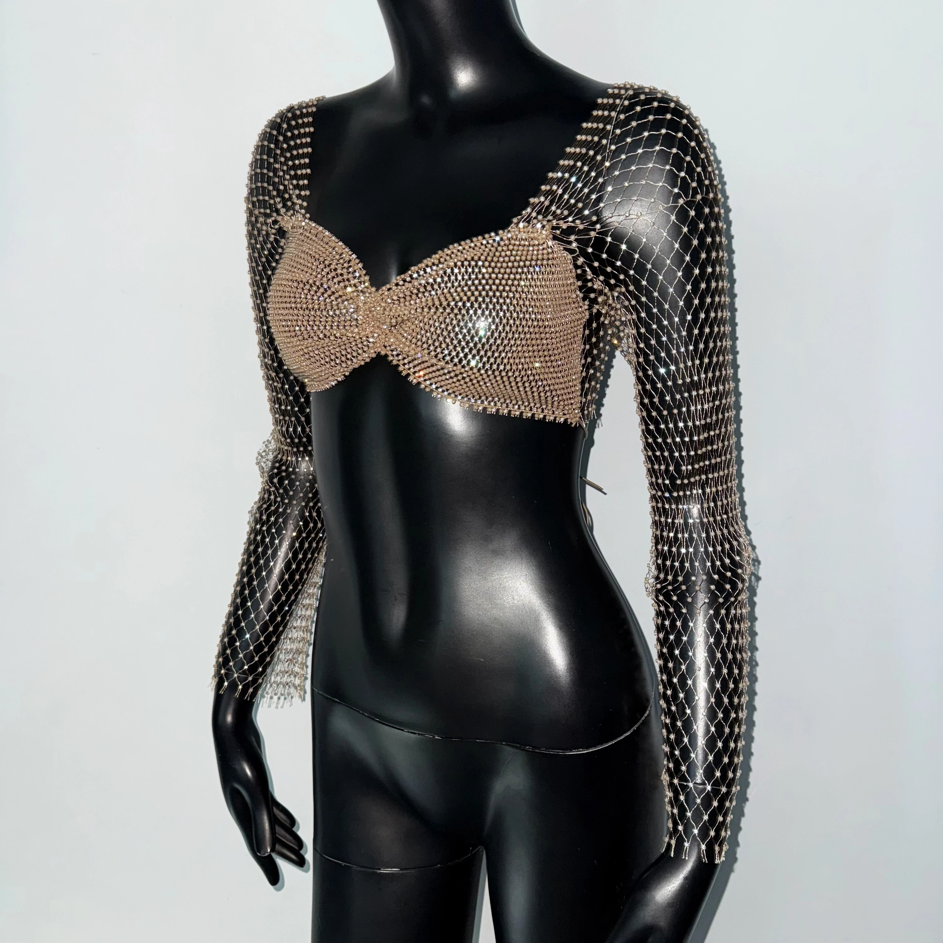 Elegant Rhinestone Mesh Long Sleeve Crop Top For Women Sexy Transparent Hollow Fishnet V Neck T Shirt Rave Beach Party Camisole