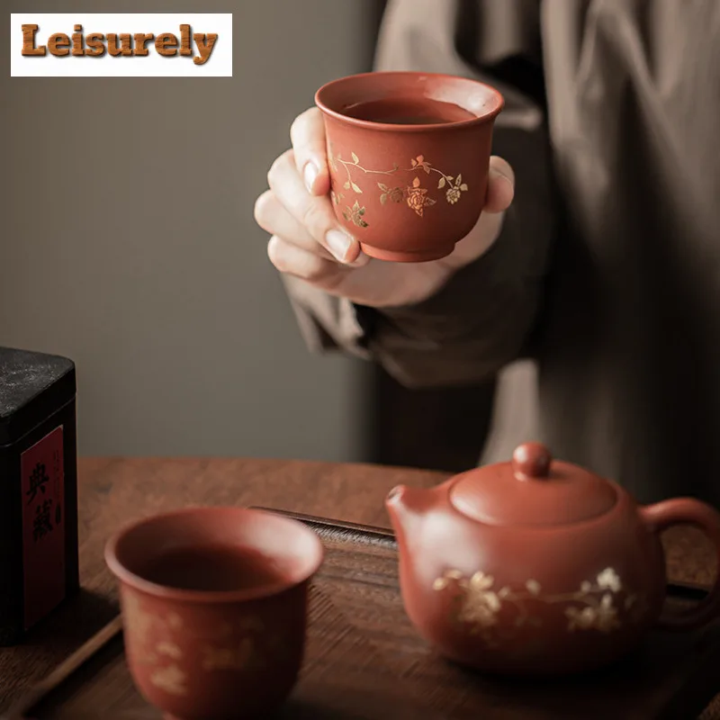 Zisha Gilded Twining Lotus Xishi Teapot Tea Set Complete Set Vintage Tea Ceremony Set Teapot and Tea Cup Set for Tea Ornaments