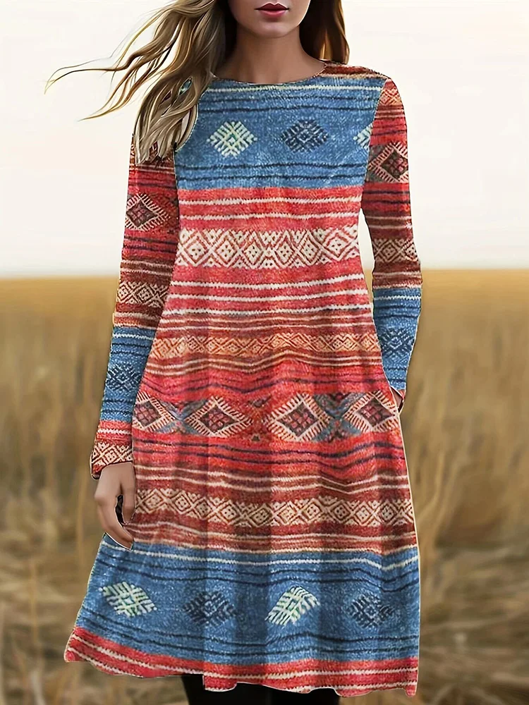 

Women Bohemian Fashion Printing Party Dress, Spring Autumn Long Sleeve O-Neck Loungewear Dress, 2024 Simple Pocket Ladies Dress