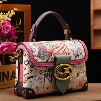 Brand premium women's bag graffiti box small square bag 2024
