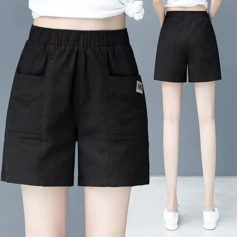 Minimali Commute Summer Thin Cotton Elastic Pants Women's Solid Spliced Pockets Epaulet Loose Straight Casual High Waist Shorts