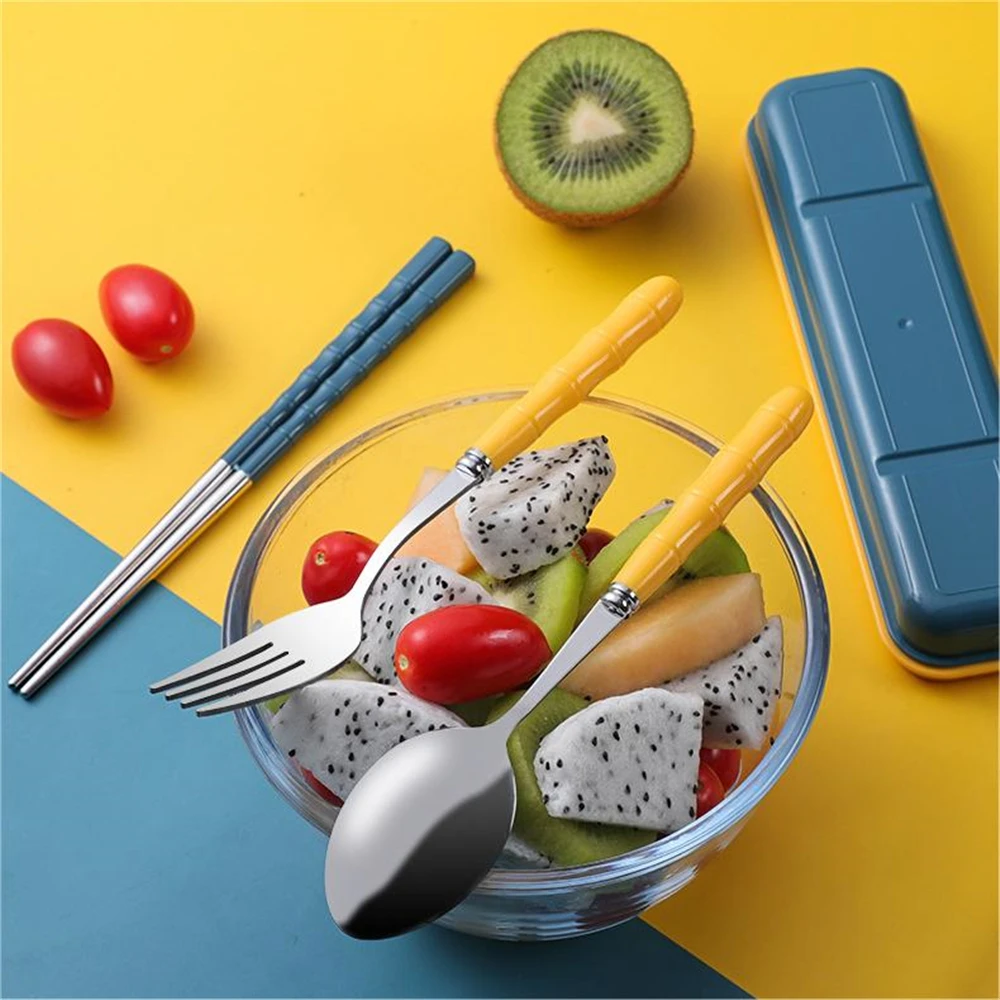 Stainless Steel Portable Cutlery Set Student Work Outdoor Travel Fork Spoon Chopsticks Three-piece Reusable Box