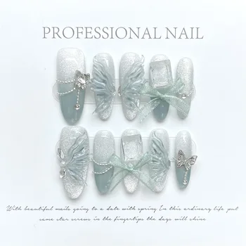 10pcs Pure Hand Pressed Long Oval Nail Art,Nice Fake Nails,Blue Cat's Eye Butterfly Lace Super-Sparkling Fairy,Idea For Women 1