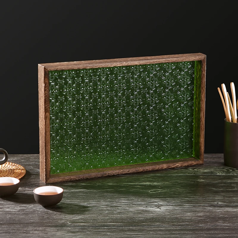 Retro Begonia Flower Tray Rectangular Plate Household Wooden Dessert Plate Tea Glass Living Room Desktop Decoration