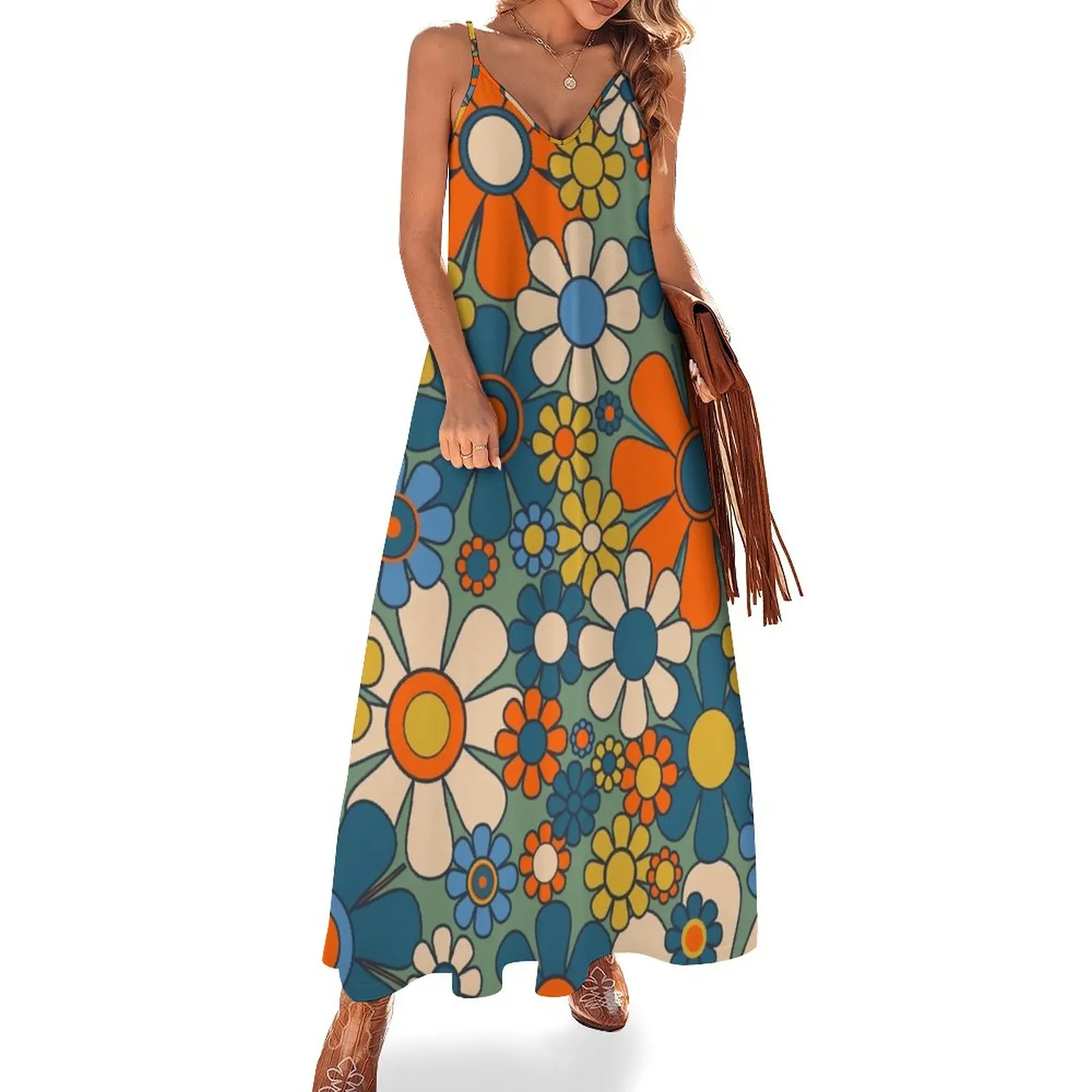 

Retro Garden Flowers Groovy Multicolor 60s 70s Floral Pattern Green Blue Orange Mustard Sleeveless Dress summer women's suit