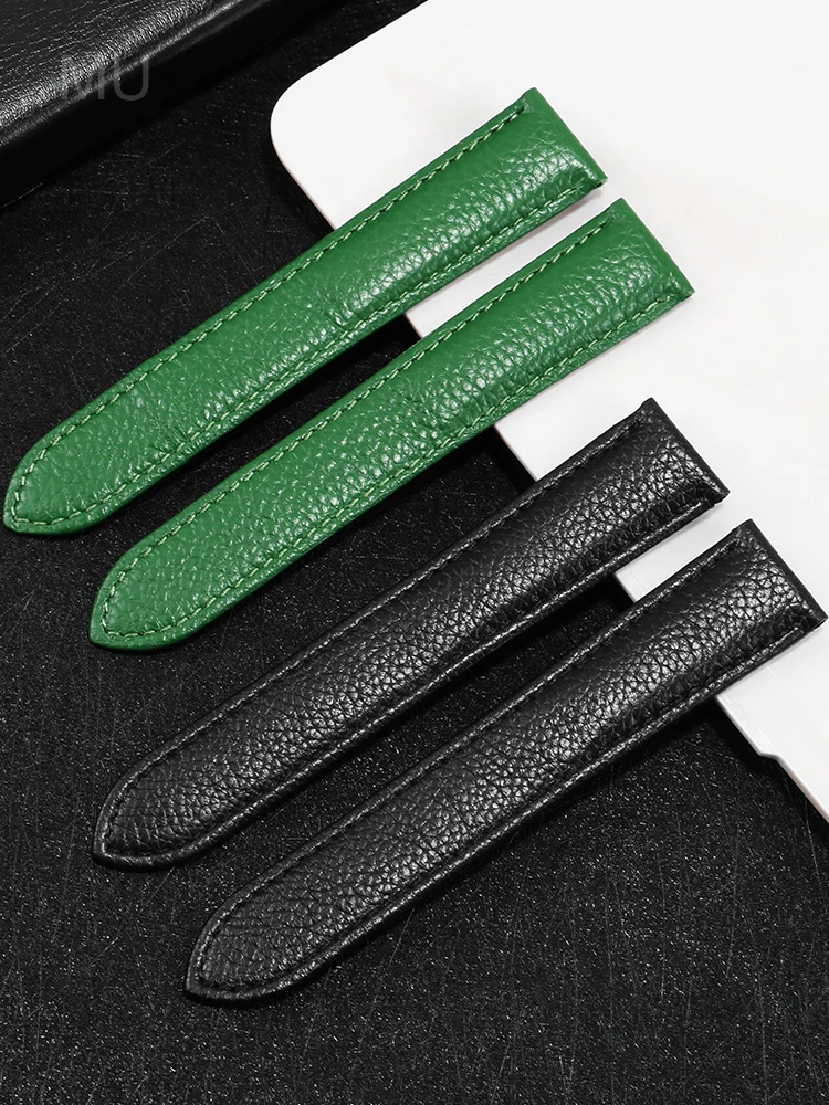 Premium Genuine Leather Quick Release Watch Strap with Solid Steel Buckle - Black Double Tail Design