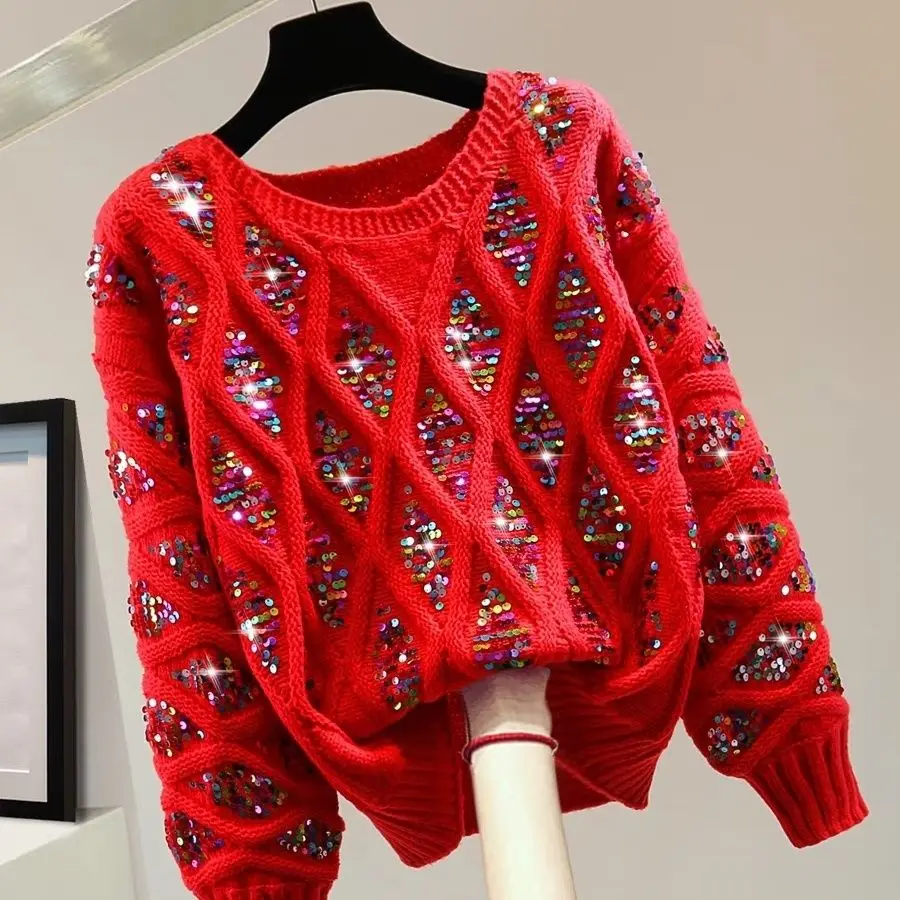 

Women Christmas Checked Hooked Beading Sweater Autumn Winter Diamonds Crocheted Sequins Plaids Pullovers Knitwear Jumpers Tops