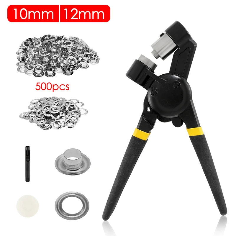 Handheld Hole Punch Pliers Grommet Tool Kit Eyelet Setter 500 Grommets 10/12mm for Belt Craft Rubber Poster Tarp Leather Canvas