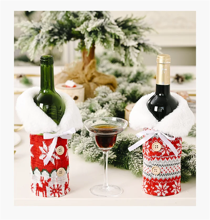 Description Picture 4 of itemChristmas Red sweater Wine Bottle Cover Christmas Decorations for Home Knitted snowflake Wine bottle bag Xmas Gifts Table Decor