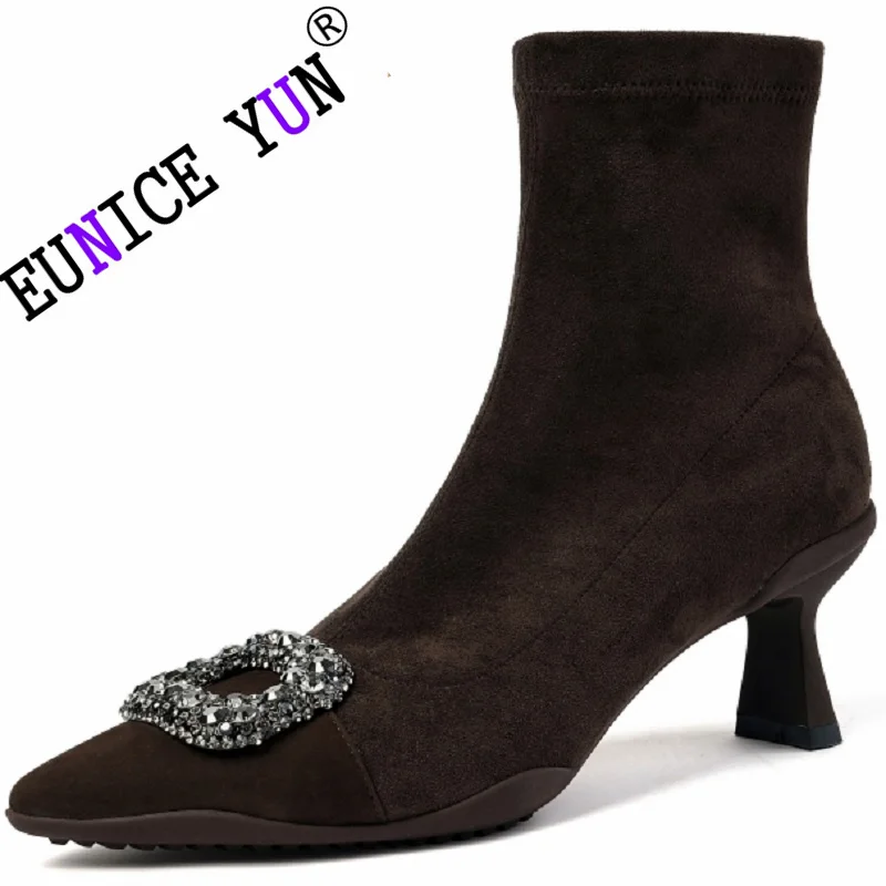 

【EUNICE YUN】Women Brand Genuine Leather Stretch Suede Short Boots Thin Heels Spark Crystal Boots Winter Pointed Toe Size 34-40